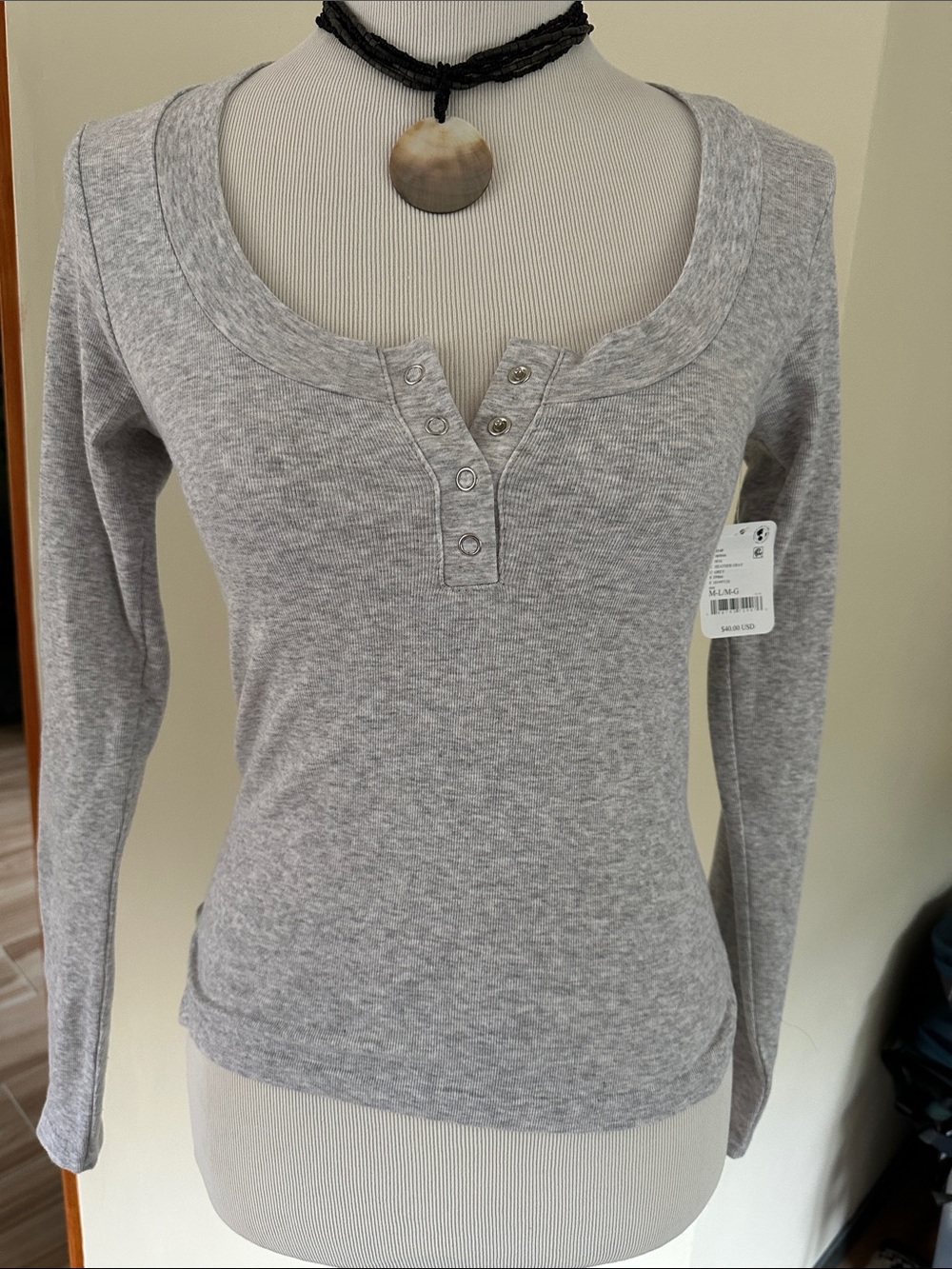 Free People Light Grey Long-Sleeve Henley Top